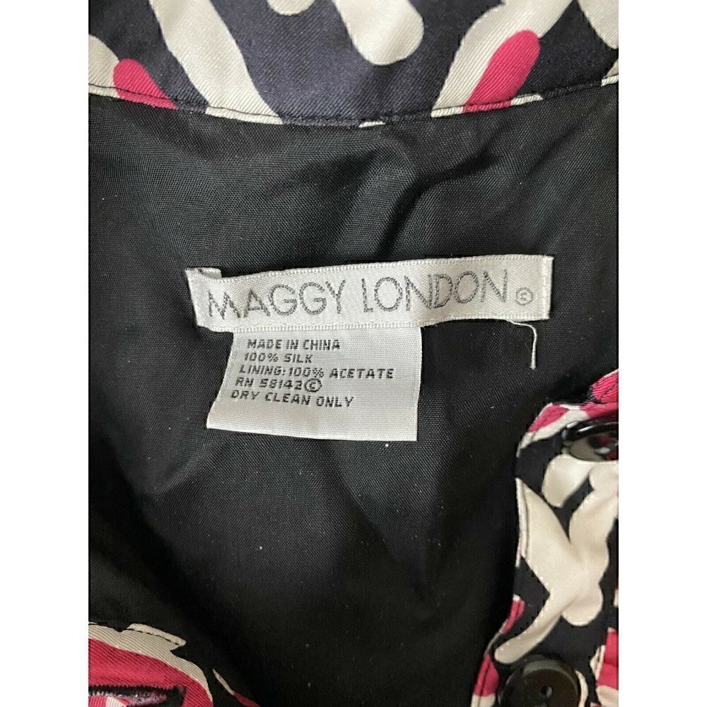 Maggy London Dress Size 12 Geometric Pattern Silk Short Sleeve Ruffle Button - Picture 3 of 3